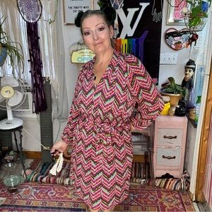 Tracy Negoshian Multicolor Chevron Wrap Dress - Pink, Green & Purple